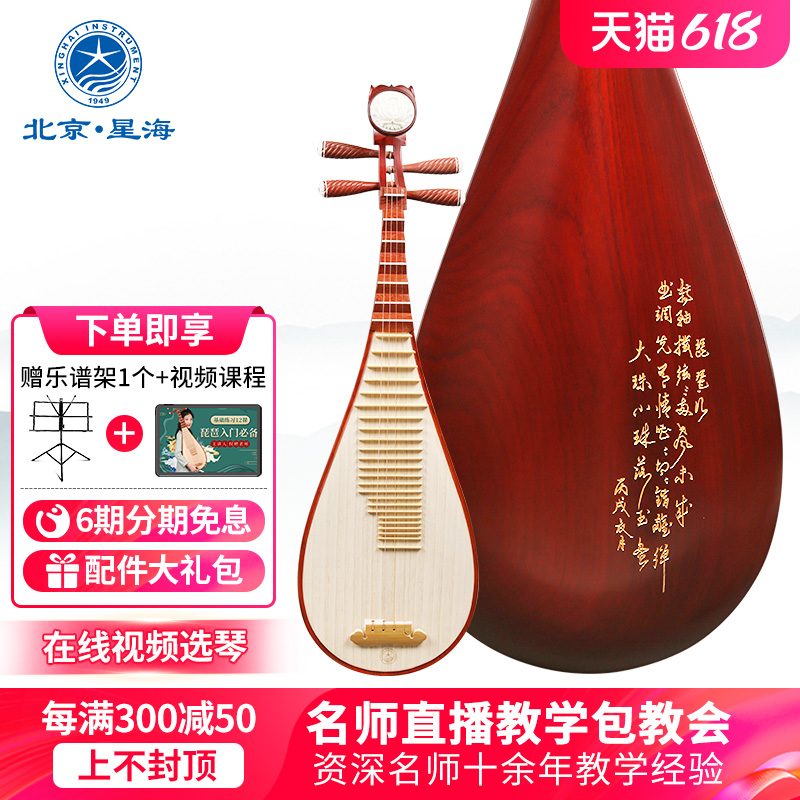 星海 琵琶乐器8912-2非洲紫檀材质原木色刻诗花梨专业考级演奏琴