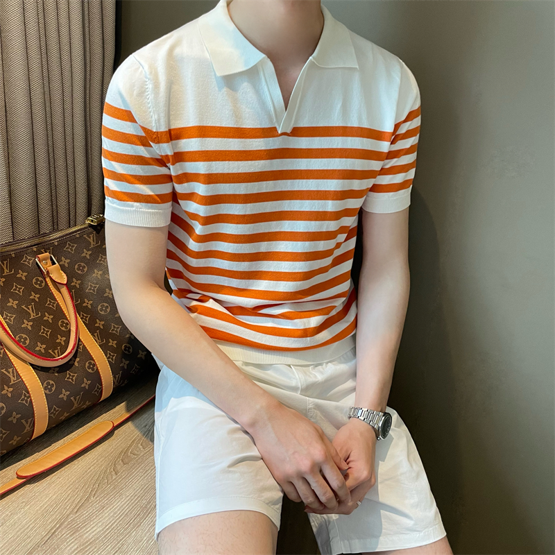 韩版短袖条纹V开翻领透气针织体恤夏季潮流休闲修身拼色男polo衫