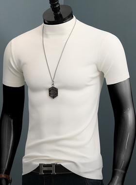男士短袖T恤夏季薄款外穿修身小高领白色半袖上衣冰丝打底针织衫