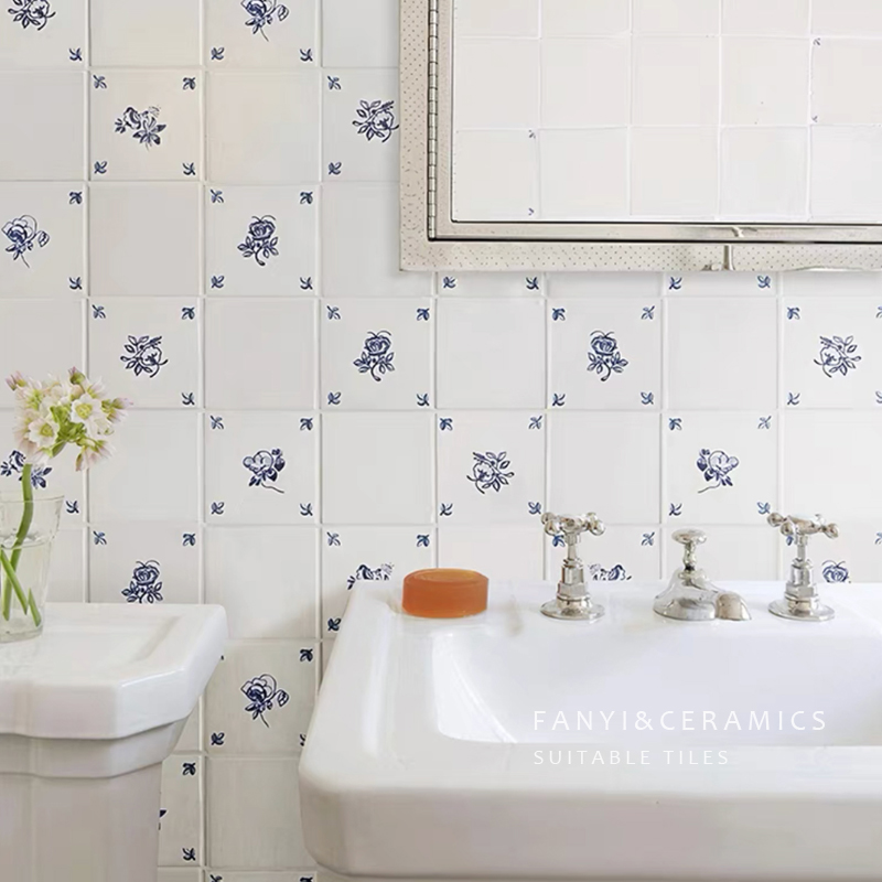 中式复古花砖特色青花瓷手工砖蓝白色浴室瓷砖地砖卫生间厨房墙砖
