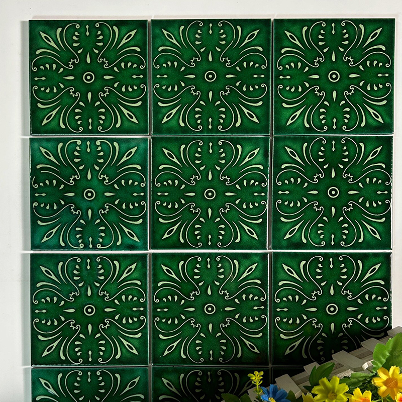 中式复古瓷砖冰裂窑变手工砖卫生间娘惹厨房浴室背景墙墨绿色花砖