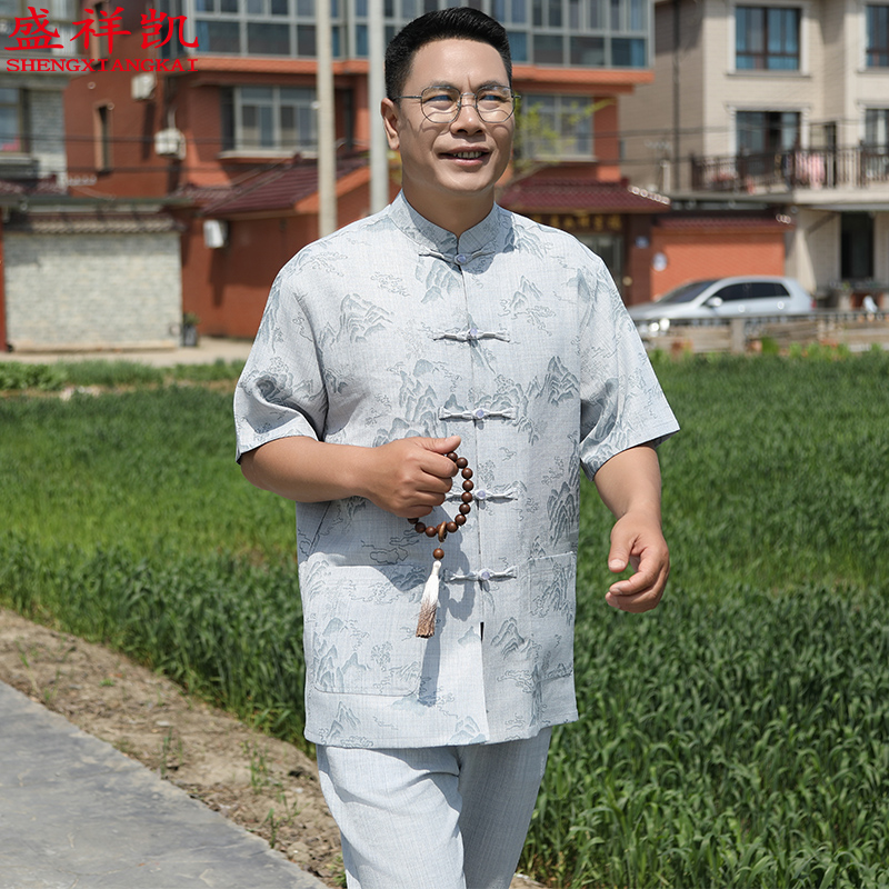 唐装男爸爸夏装套装爷爷夏季短袖50-70岁老年人中式中国风衣服