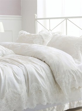 日本床上用品四件套高端大气纯棉全棉蕾丝公主贡缎提花美式白色六