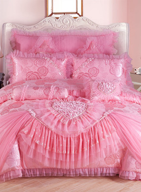 婚庆公主风蕾丝四件套大红粉紫色1.8/2.0m床上用品结婚喜被六八件