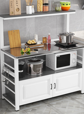 中式厨房不锈钢操作台落地餐边柜锅具用品收纳柜烤箱微波炉置物架