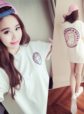 2018夏季新款韩版女装短袖T恤中长款连衣裙宽松可爱猫咪印花衫