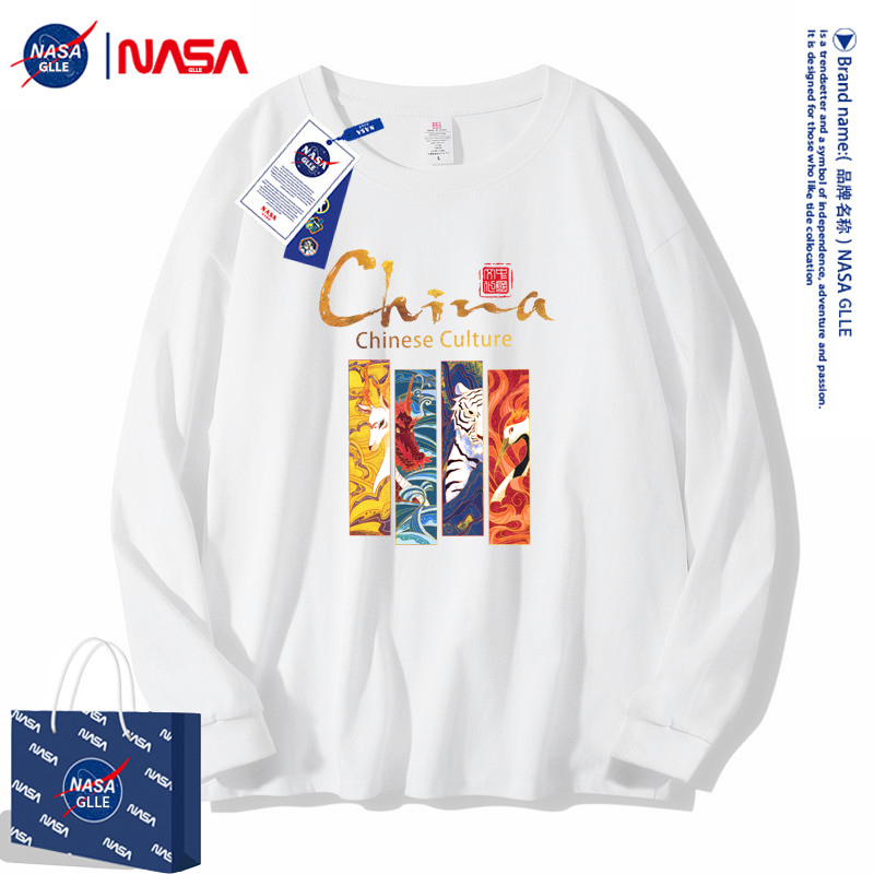 NASA联名纯棉长袖t恤国潮宽松圆领重磅男女上衣280G百搭打底衫