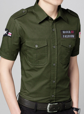 夏季陆式衬衫男短袖二战美军纯棉衬衣军绿色显瘦工装寸衫中年修身