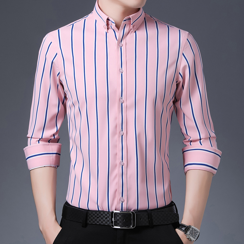 2024新款粉色条纹衬衫男长袖青年商务休闲职业装修身免烫格纹衬衣