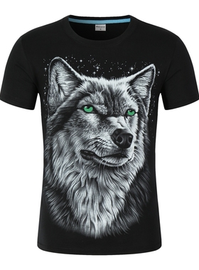 男士夏季3D棉短袖T恤宽松大码动物狼头潮摇滚金属潮个性男装半袖