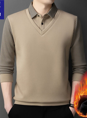 冬季男士加绒加厚假两件中青年衬衫领t恤条纹保暖上衣针织打底衫