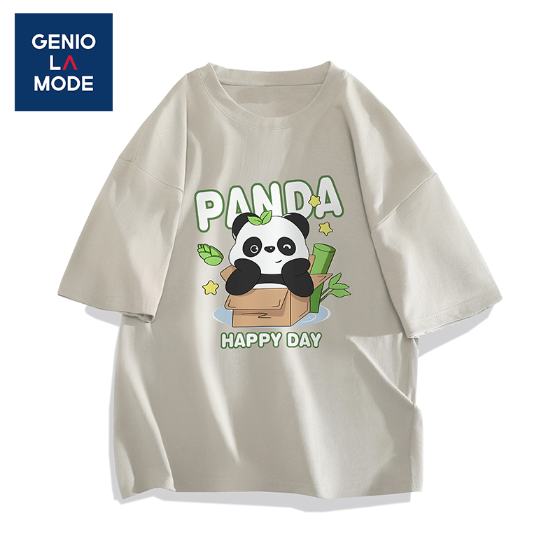 森马集团GENIOLAMODE短袖t恤男女熊猫印花纯棉新款圆领重磅上衣服