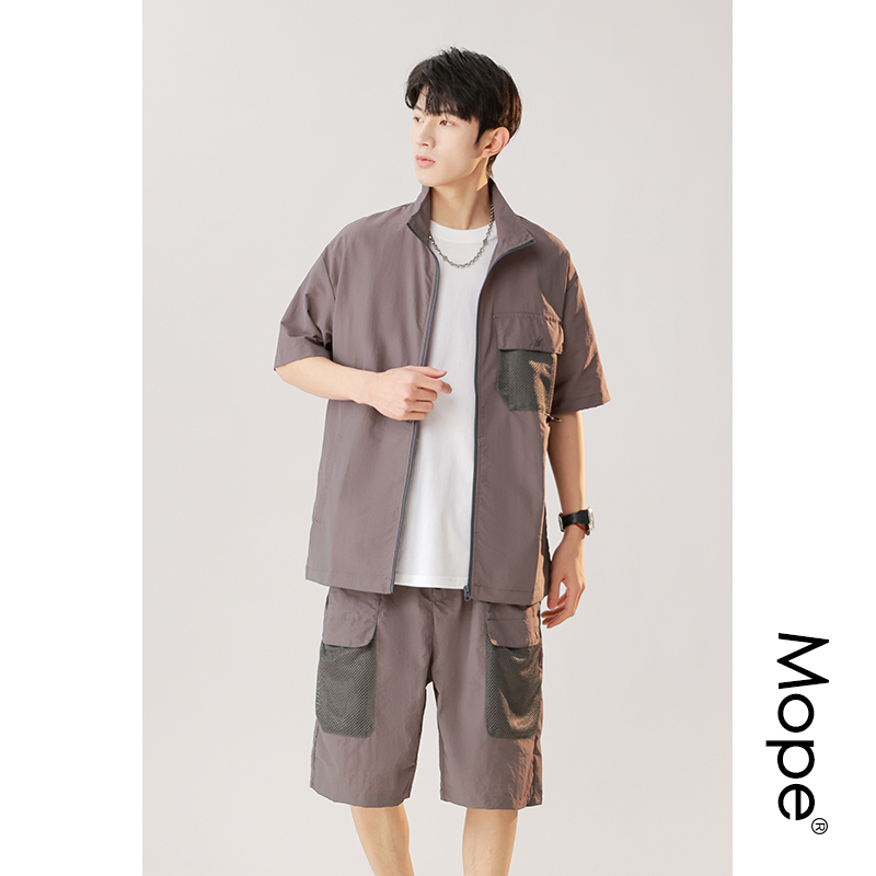 Mope  夏季美式潮流冰丝套装男款宽松透气多口袋短袖T恤短裤整套