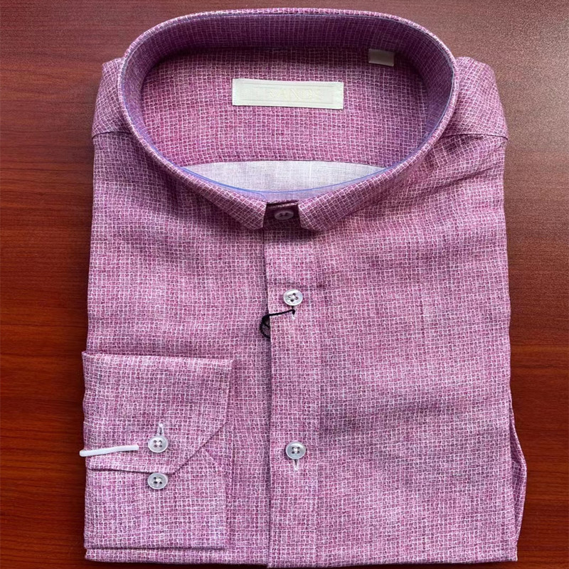 男士长袖衬衫TRANDS品牌秋季新款意大利进口亚麻面料粉紫舒适版型