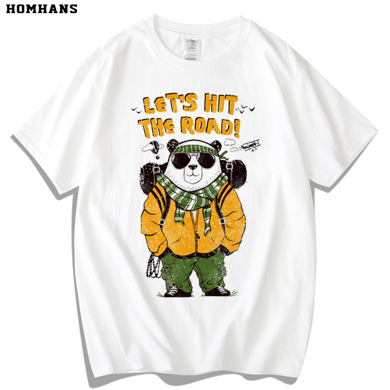 红韩帅气熊猫送男友重磅纯棉动物手绘卡通日本印花宽松大码体T恤