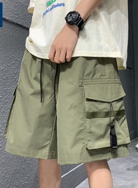 Genio Lamode工装短裤夏季男美式宽松直筒大口袋男生军绿色五分裤