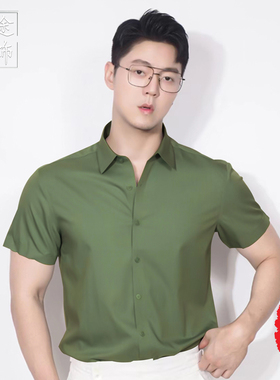 西途桑蚕丝衬衫夏季高端品牌男士纯色休闲短袖薄款方领加大码衬衣