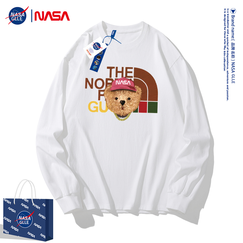 NASA联名圆领长袖T恤男女纯棉宽松重磅ins情侣装春秋季新款上衣