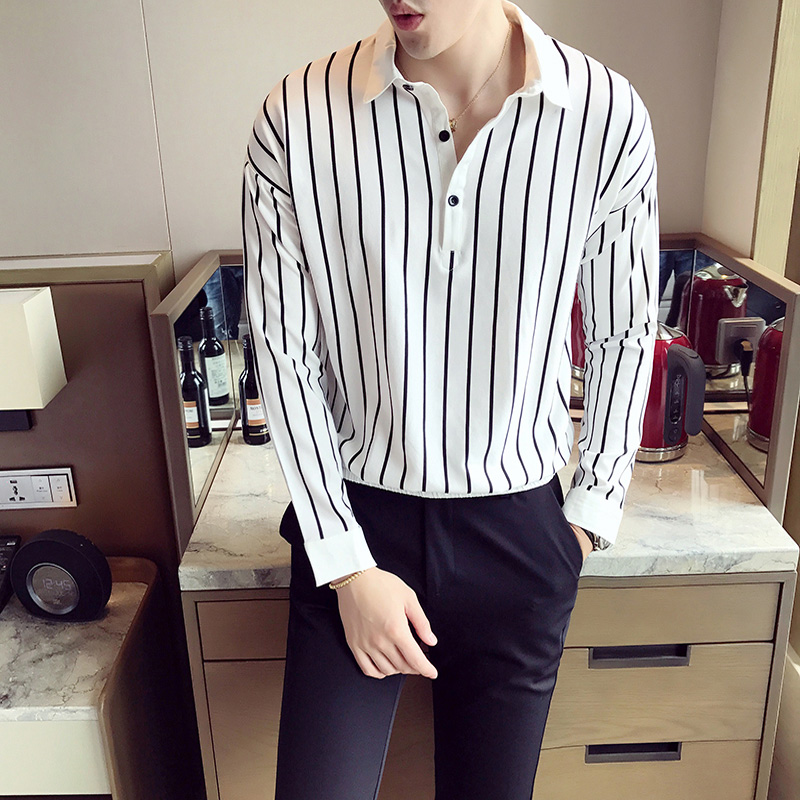 短袖长袖T恤男士polo衫夏季新款衬衫上衣韩版潮流帅气条纹宽松男