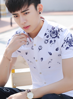 青年时尚潮寸衫修身款韩版印花衬衫夏季学生半袖衬衣流行男装短袖