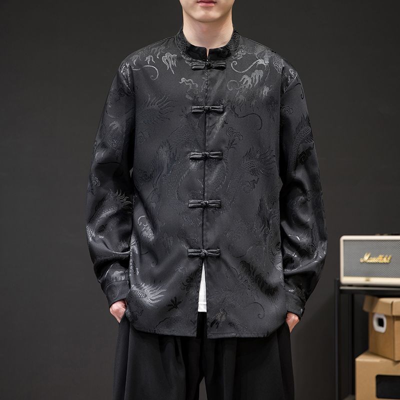 唐装男中式复古暗花盘扣衬衫中国风上男装衣秋季宽松长袖衬衣外套