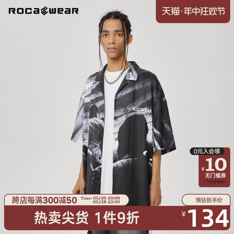 Rocawear美式潮牌人像印花古巴领短袖衬衫衬衣复古高街休闲外套男