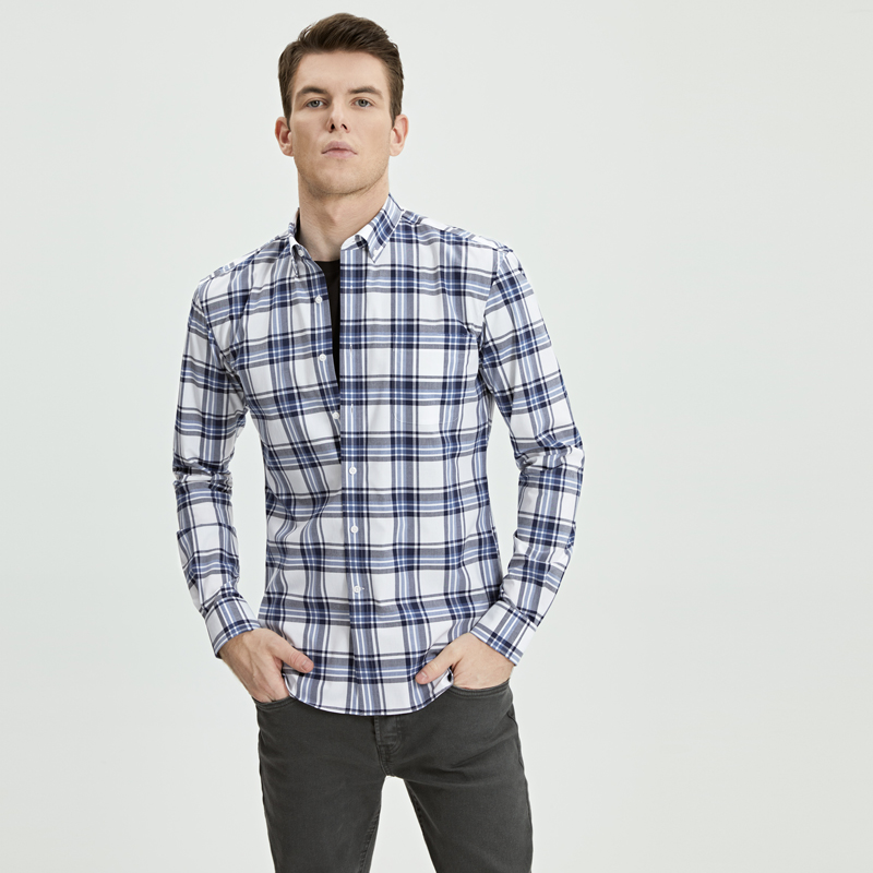 第五季男长袖格子衬衫美式休闲亲肤碳磨青年修身旅游蓝色格纹衬衣