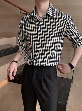 夏季条纹七分袖衬衫男韩版修身商务短袖休闲发型师中袖男装衬衣潮
