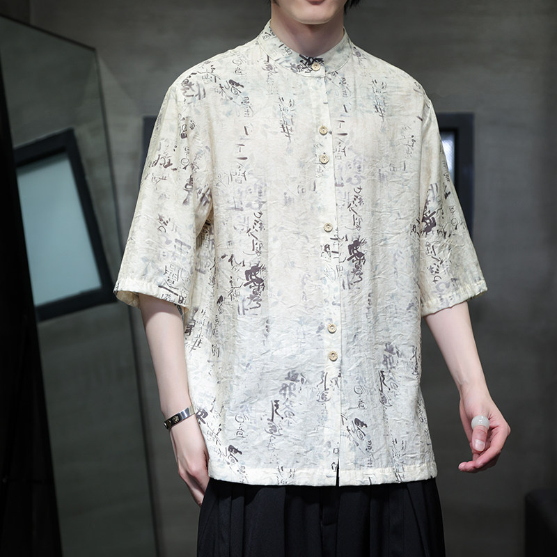 新中式唐装中国风夏季薄款棉麻短袖衬衫男印花宽松五分袖衬衣服男
