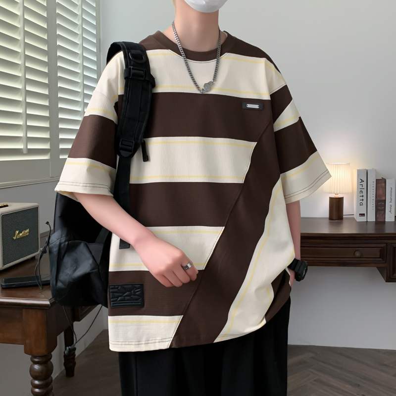 个性撞色条纹短袖t恤男夏季圆领半袖男潮牌青少年设计感痞帅体恤T