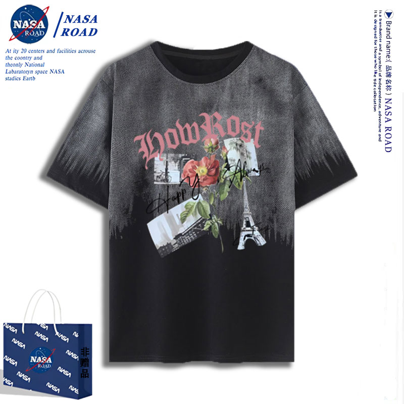 NASA联名款渐变玫瑰花印花短袖T恤男夏大码300斤潮牌宽松休闲上衣