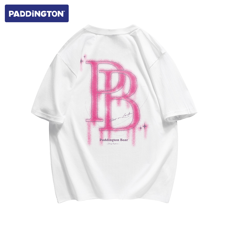 帕丁顿熊简约大字母Logo涂鸦喷绘印花休闲宽松短袖T恤 男女同款