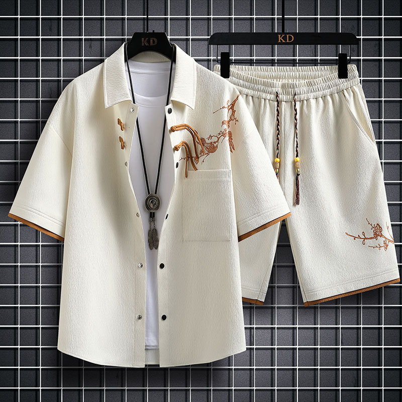 套装男夏季薄款透气搭配两件套短裤美式复古潮牌宽松翻领短袖衬衫