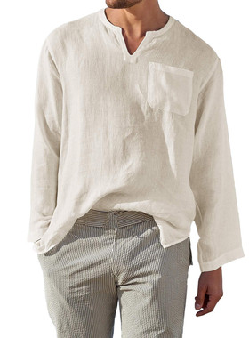 Men's V-Neck Casual Beach Linen Shirt男士V领休闲沙滩亚麻衬衫
