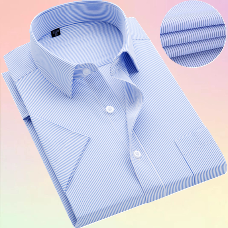夏季短袖衬衫男蓝条纹商务休闲职业工装正装上班工作服加肥加大码