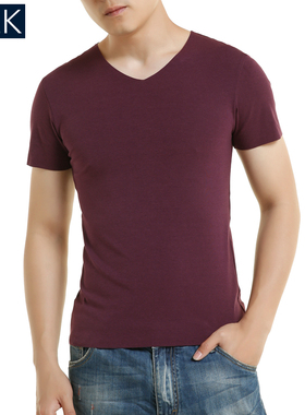 夏季男士无痕短袖莫代尔纯棉打底汗衫大码V领半袖运动健身纯色T恤