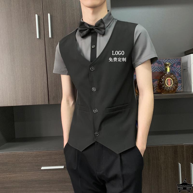 酒吧夜店KTV服务员马甲衬衫假两件工作服寸衣男夏季潮牌短袖衬衣