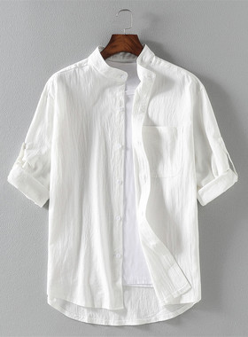 棉麻衬衫男夏季薄款7七分袖立领白色寸衫2021中国风亚麻短袖衬衣