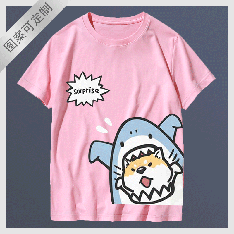 鲨鱼纯棉短袖猫狗可爱卡通日系情侣装夏季宽松男女休闲半袖T恤衫