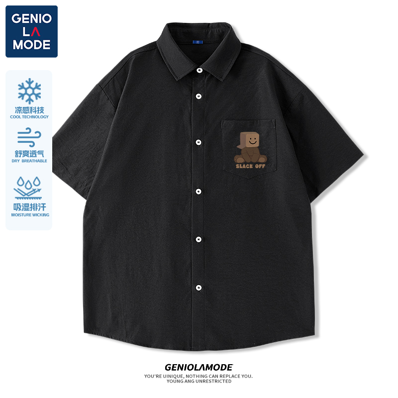 Genio Lamode衬衫短袖男夏季日系小熊黑色polo领冰丝男士衬衣外套