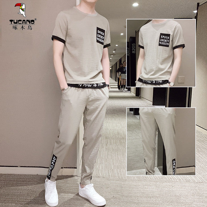 啄木鸟新款短袖T恤男冰丝薄款韩版潮流套装休闲帅气夏装两件套男