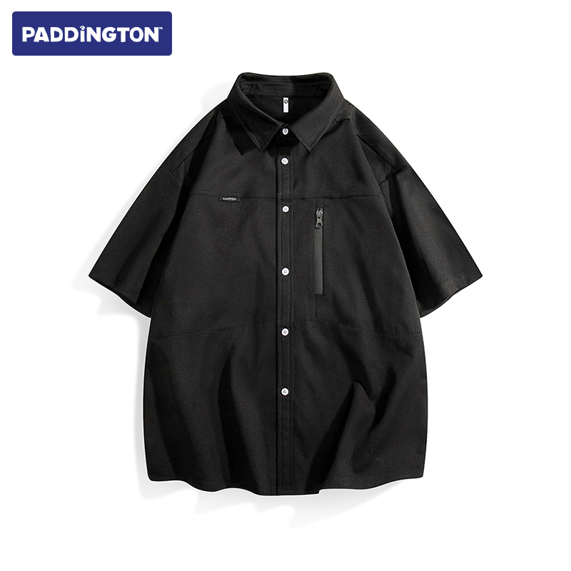 帕丁顿熊 黑色短袖衬衫男2024夏季新款冰丝薄款宽松休闲衬衣外套