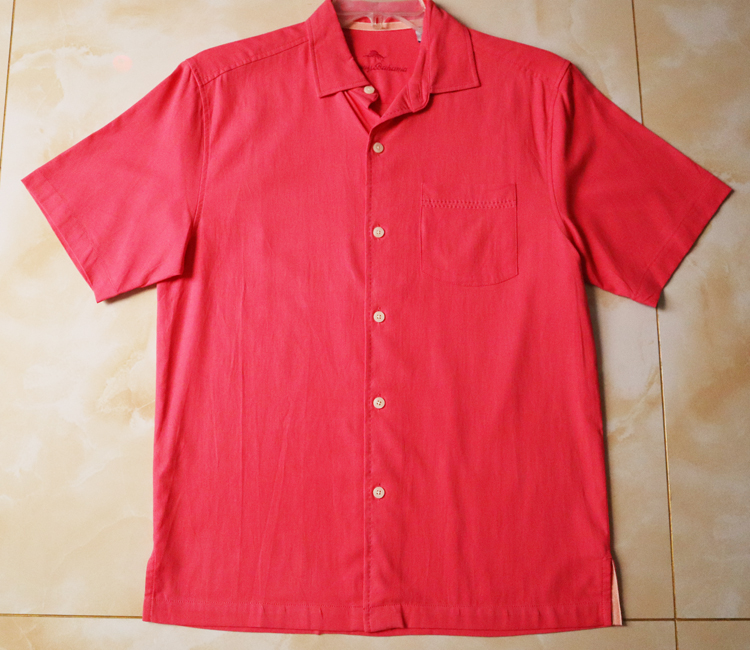 外贸真丝绢纺男士短袖衬衫蚕丝体校上衣红色-N016