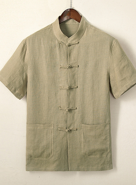 由天丨中式盘扣唐装男式中国风夏季纯亚麻短袖衬衫中老年男装衬衣