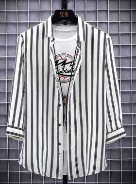 竖条纹冰丝衬衣男夏季韩版潮流薄款7七分袖衬衫薄款休闲外套寸衫