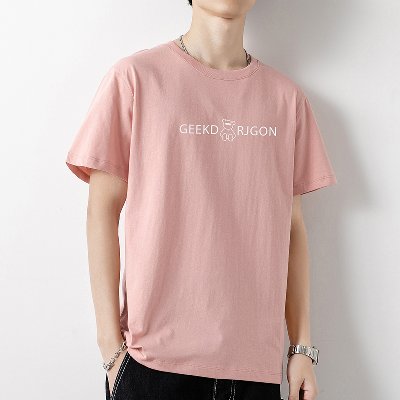 夏季短袖t恤男士纯棉粉色上衣服潮流青少年小熊字母印花全棉半袖