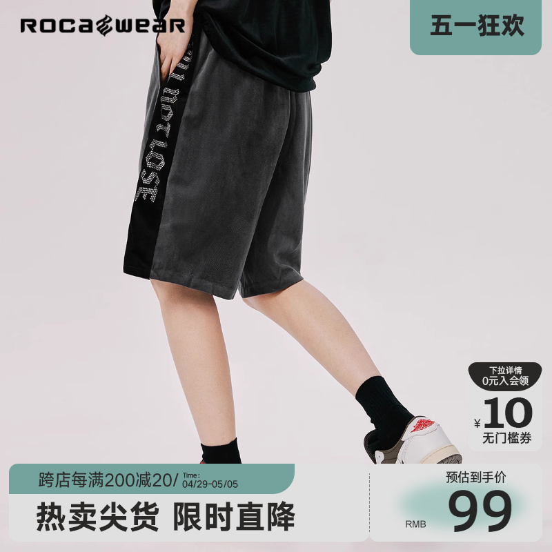 Rocawear 夏季美式潮牌丝绒拼接烫钻高街男士休闲短裤宽松五分裤