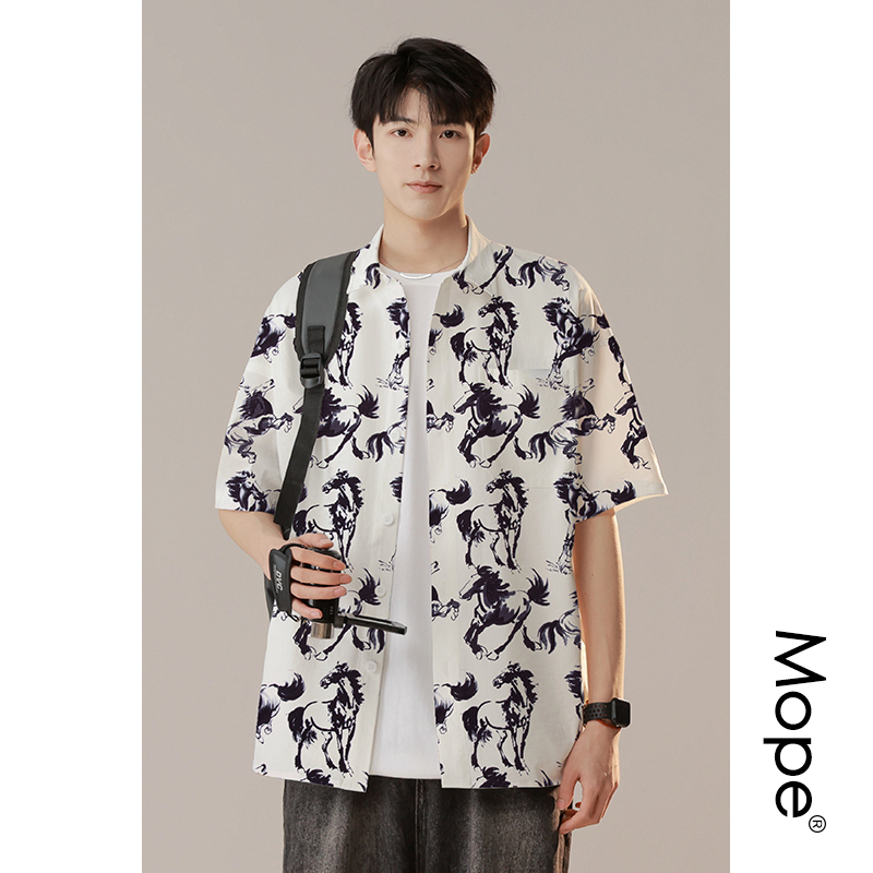 Mope 冰丝衬衫男夏季新款潮牌个性设计感宽松短袖t恤凉感衬衣外套