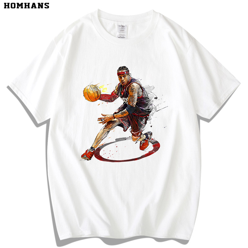 红韩新款艾弗森T恤男短袖 纯棉手绘风格透气印花 球衣篮球运动服