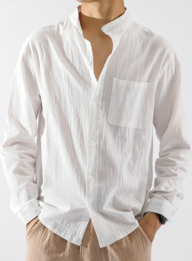 夏季亚麻衬衫男长袖修身休闲薄款纯色日系复古工装防晒棉麻料衬衣